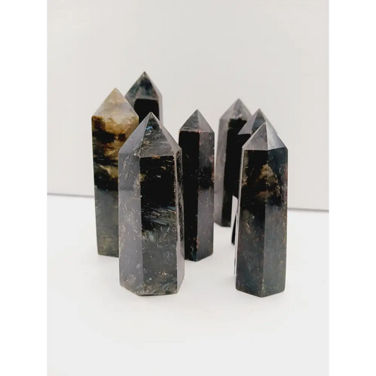 Astrophyllite (firework stone) with garnet tower, 2.5–3 inches, hand-polished with golden flashes and deep red inclusions, displayed on a white background.