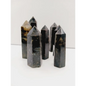 Astrophyllite (firework stone) with garnet tower, 2.5–3 inches, hand-polished with golden flashes and deep red inclusions, displayed on a white background.