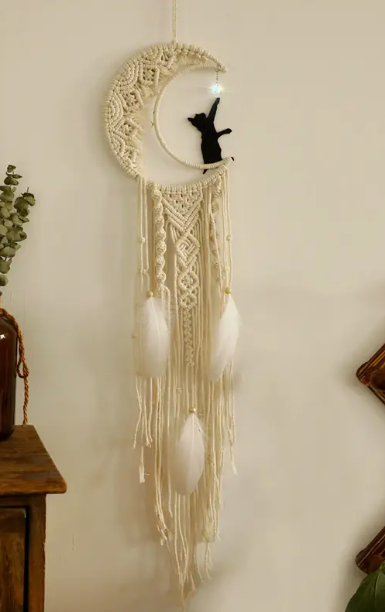 Black Cat and Crescent Moon Design Macrame – Mystical Wall Art Boho Decor and Magical Energy