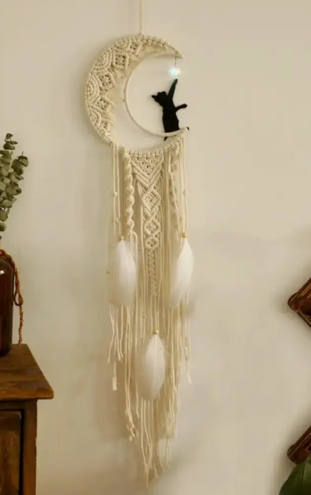 Black Cat and Crescent Moon Design Macrame – Mystical Wall Art Boho Decor and Magical Energy