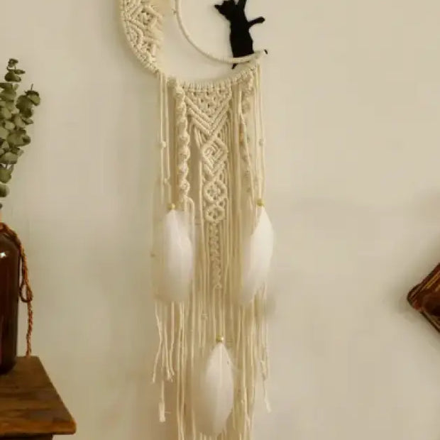 Black Cat and Crescent Moon Design Macrame – Mystical Wall Art Boho Decor and Magical Energy