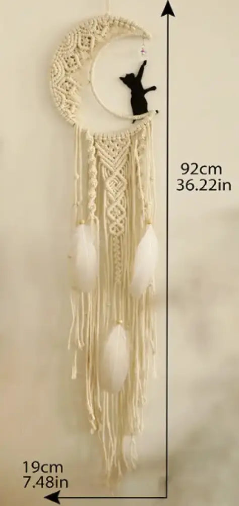 Black Cat and Crescent Moon Design Macrame – Mystical Wall Art Boho Decor and Magical Energy