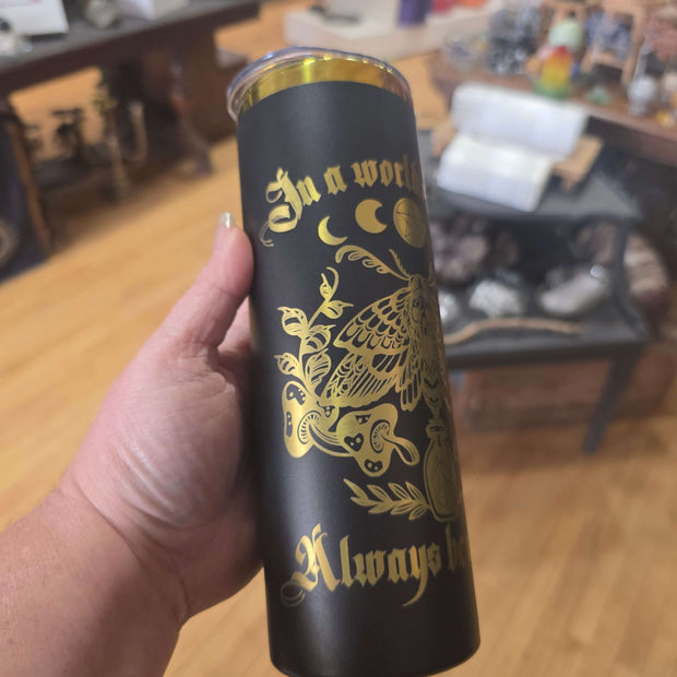 Black & Rainbow Aura 20oz Slim Tumbler – “In a World of Eves Always Be a Lilith” with Death Head Moth 🦋🌈