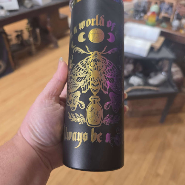 Black & Rainbow Aura 20oz Slim Tumbler – “In a World of Eves Always Be a Lilith” with Death Head Moth 🦋🌈