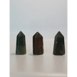 Hand-carved Bloodstone point, 2 to 2.5 inches tall, featuring deep green with natural red flecks, displayed on a white background.