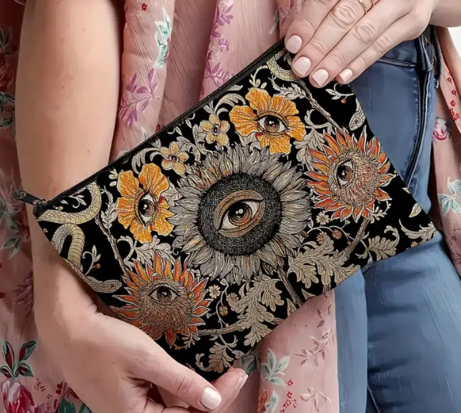 🌻👁️ Bohemian Tarot Eye & Sunflower Makeup Bag – Gothic Evil Eye Design with All-Seeing Eye (8.66’’ x 7’’) – Mystical