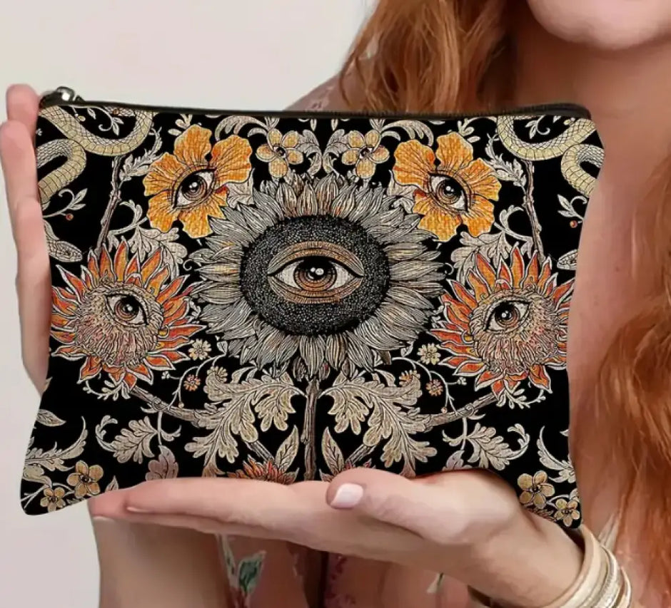 🌻👁️ Bohemian Tarot Eye & Sunflower Makeup Bag – Gothic Evil Eye Design with All-Seeing Eye (8.66’’ x 7’’) – Mystical