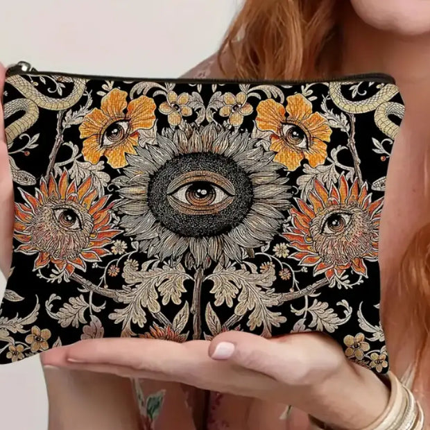 🌻👁️ Bohemian Tarot Eye & Sunflower Makeup Bag – Gothic Evil Eye Design with All-Seeing Eye (8.66’’ x 7’’) – Mystical
