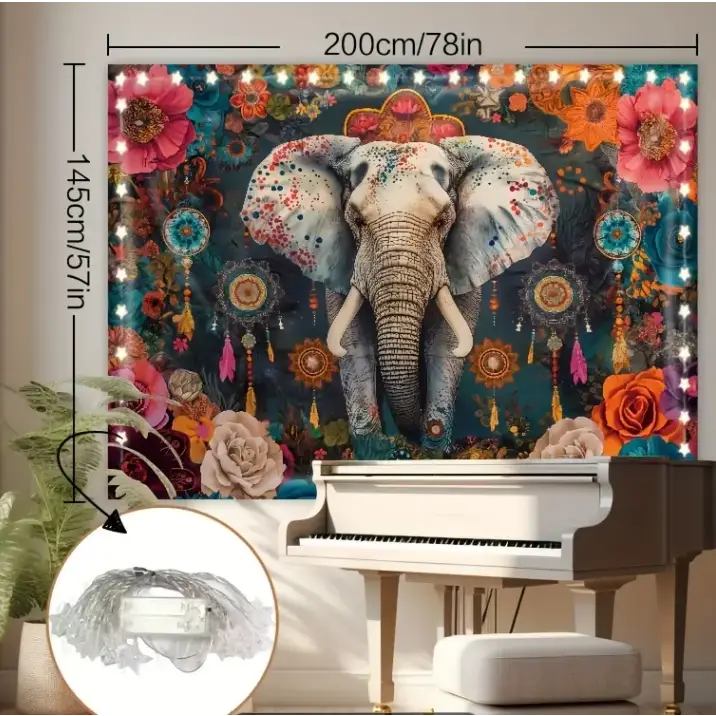 Tapestry featuring a boho style elephant with mandala and flower background, displayed on a white background. Perfect for tranquil decor, bohemian magic, and spiritual vibes.