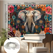 Tapestry featuring a boho style elephant with mandala and flower background, displayed on a white background. Perfect for tranquil decor, bohemian magic, and spiritual vibes.