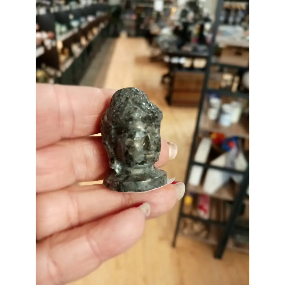 Hand-carved 1 1/2 inch tall Buddha head figurines in assorted crystal materials such as amethyst, rose quartz, clear quartz, and jade, displayed on a white background.