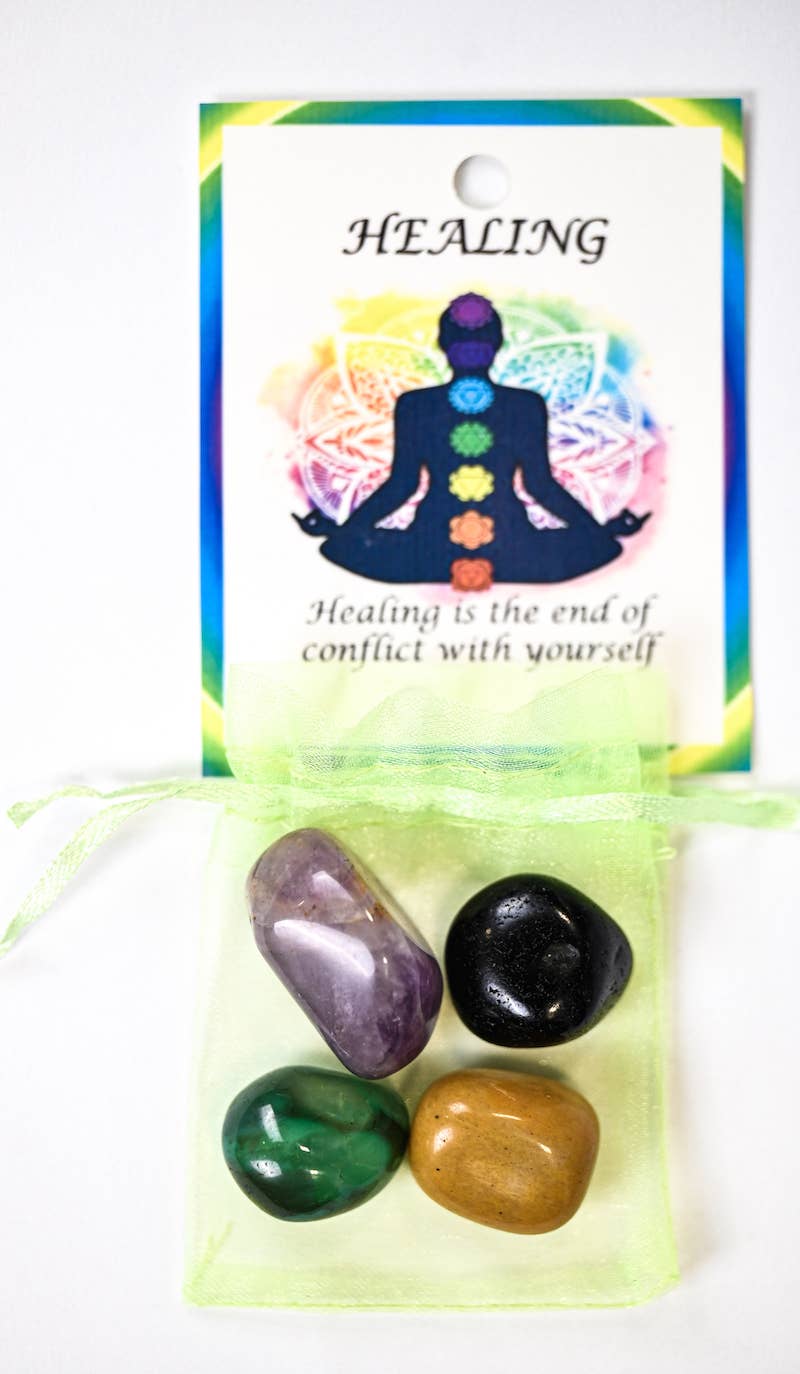 Healing Crystal Tumble Healing Bag (Black Agate, Amethyst, Green Onyx + Golden Quartz)