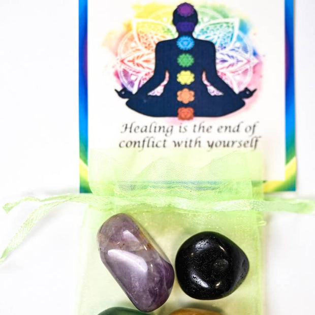 Healing Crystal Tumble Healing Bag (Black Agate, Amethyst, Green Onyx + Golden Quartz)