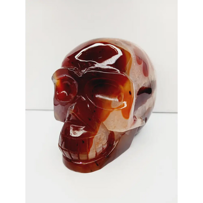 Carnelian skull with vibrant orange-red hues and natural banding, carved and displayed on a white background.