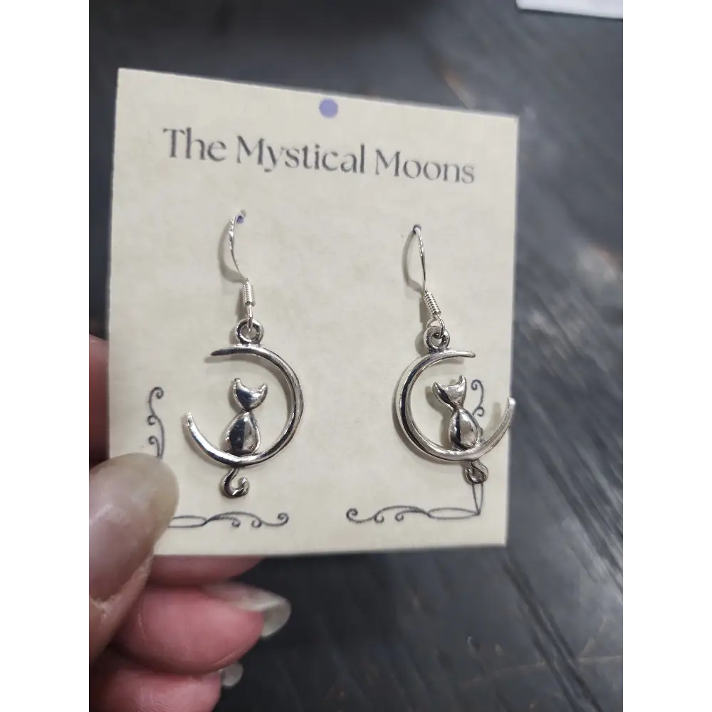 🐾 Cat on Crescent Moon Earrings - Sterling Silver (.75’’) 🌙 - Jewelry