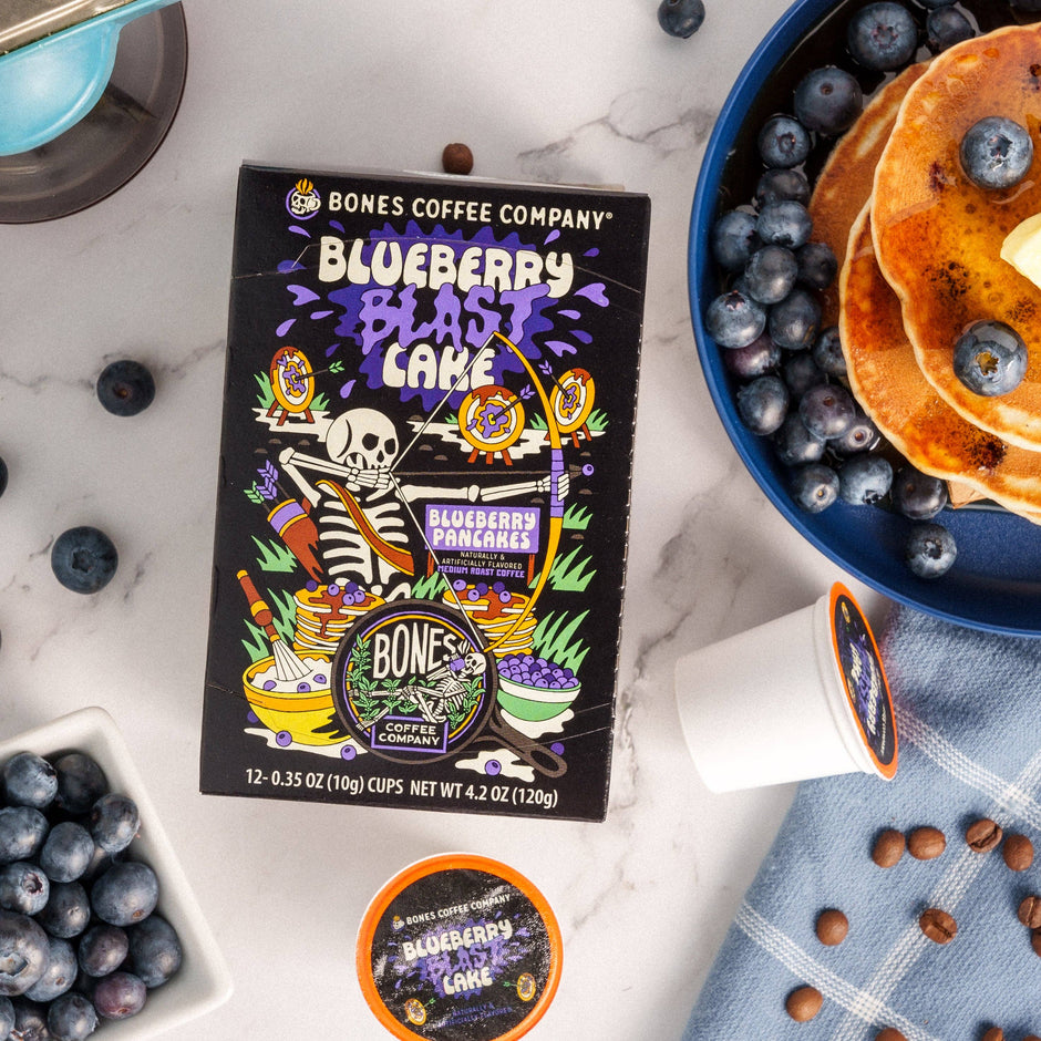 Bones Coffee Blueberry Blast Coffee Pods (12 Count) – Flavored Coffee Pods for Easy Brewing