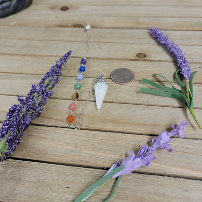 CONE PENDULUM W/CHAKRA CHAIN - QUARTZ - Pendulums & Mats