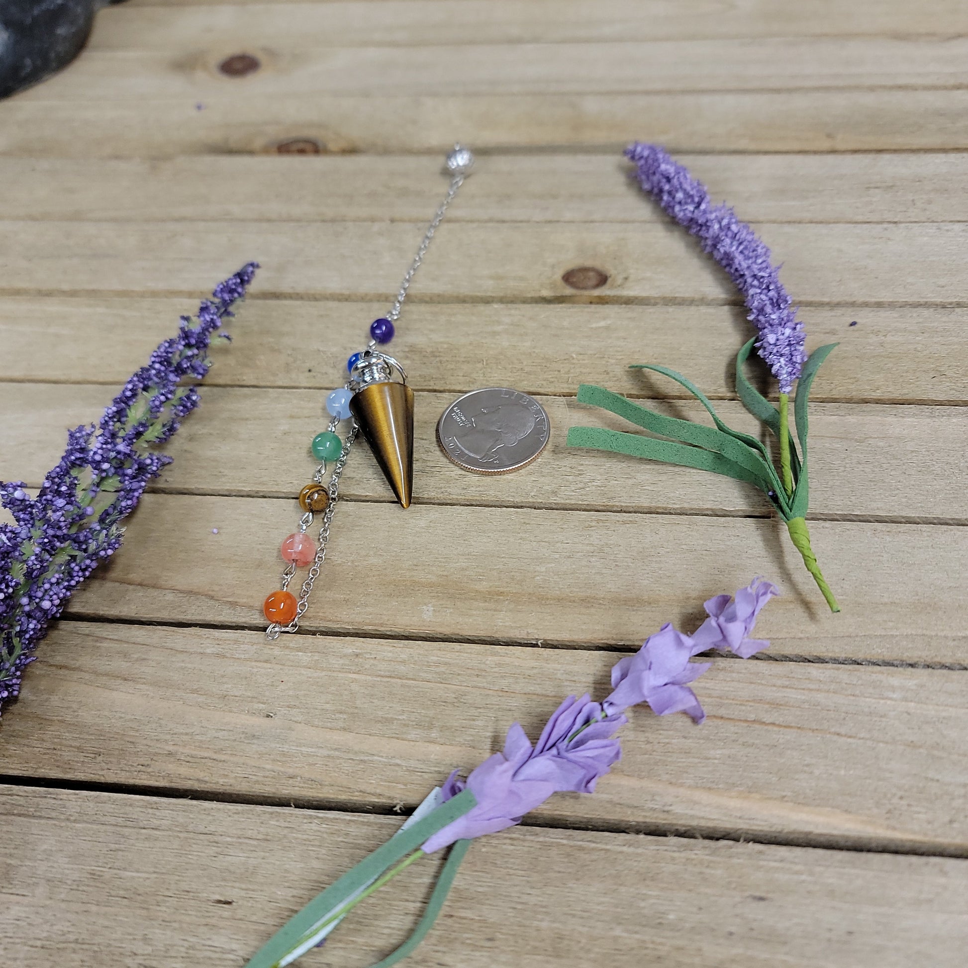 CONE PENDULUM W/CHAKRA CHAIN - TIGERS EYE - Pendulums & Mats