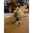 Hand-carved Mexican Crazy Lace Agate tower featuring intricate, colorful swirls and banded patterns, displayed on a white background.