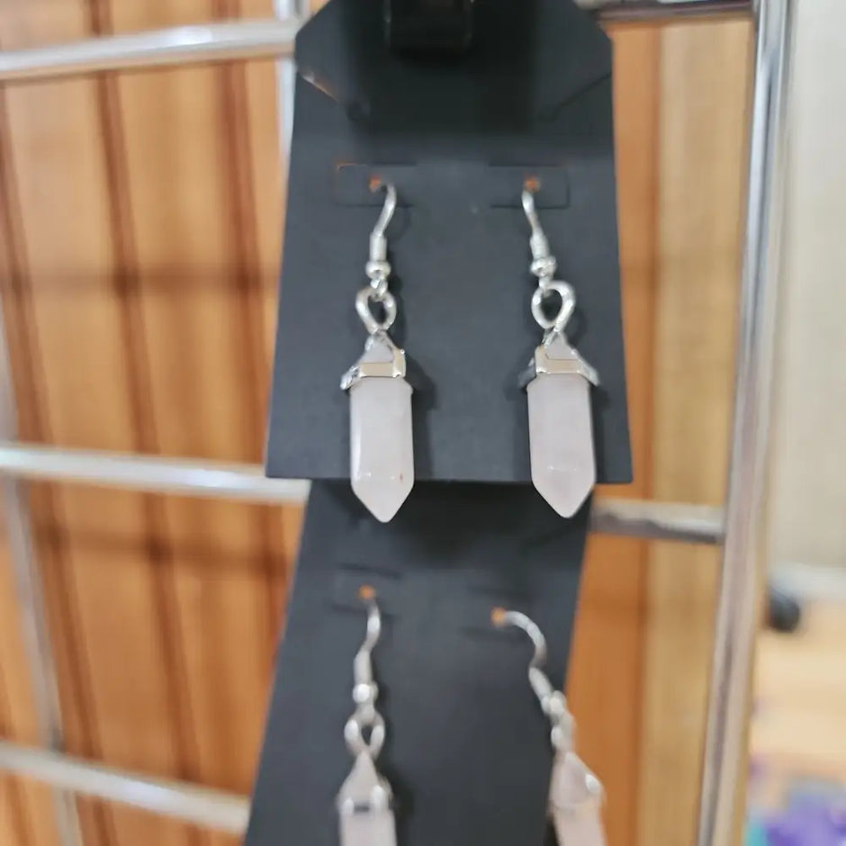 Crystal Bi-Point Earrings - Rose Quartz - Jewelry