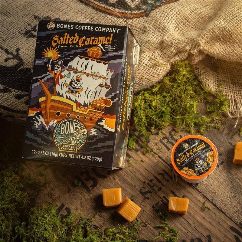 Bones Coffee Salted Caramel Coffee Pods (12 Count) – Flavored Coffee Pods for Easy BrewingSalted Caramel Coffee Pods | 12 Count | Flavored Coffee