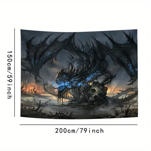 Large 79" x 59" tapestry featuring a detailed dragon entwined with a skull, displayed on a white background. Perfect for mystical power, bold decor, and transformative energy.