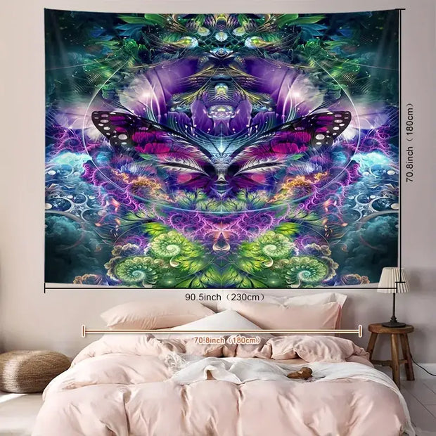 Large 90.5" x 70.8" tapestry featuring a dreamy butterfly design in soft, uplifting colors, displayed on a white background. Perfect for transformation, dreamy decor, and uplifting energy.