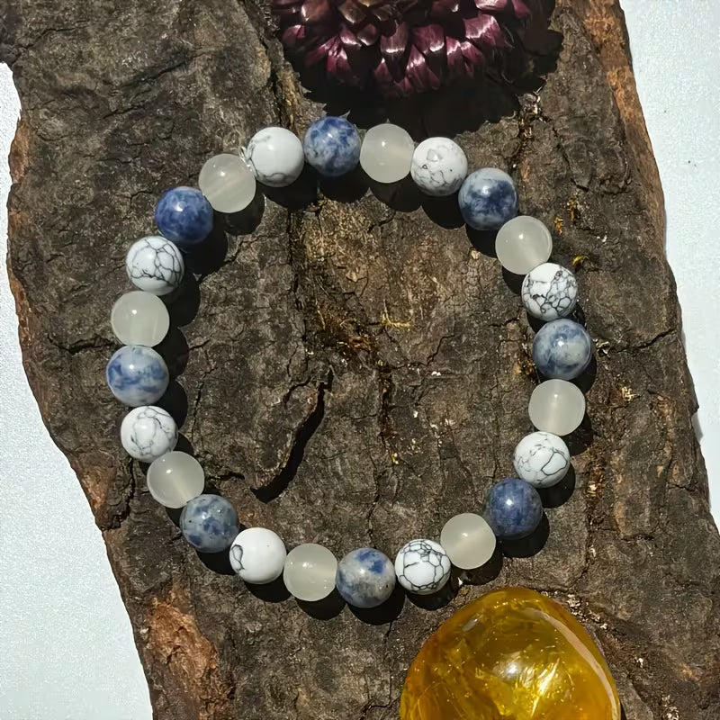 Howlite, Blue Dyed Howlite, and Clear Quartz Crystal Bead Bracelet for Protection and Grounding