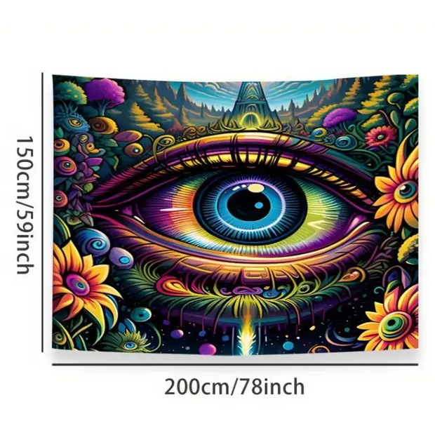 Large 78" x 59" tapestry featuring a bold evil eye surrounded by vibrant flowers, displayed on a white background. Perfect for protection, vibrant decor, and spiritual style.