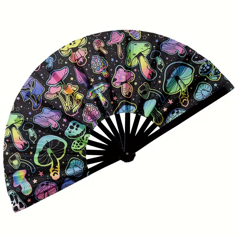 13-inch Bohemia Clacker Folding Fan – Neon Mushroom Design