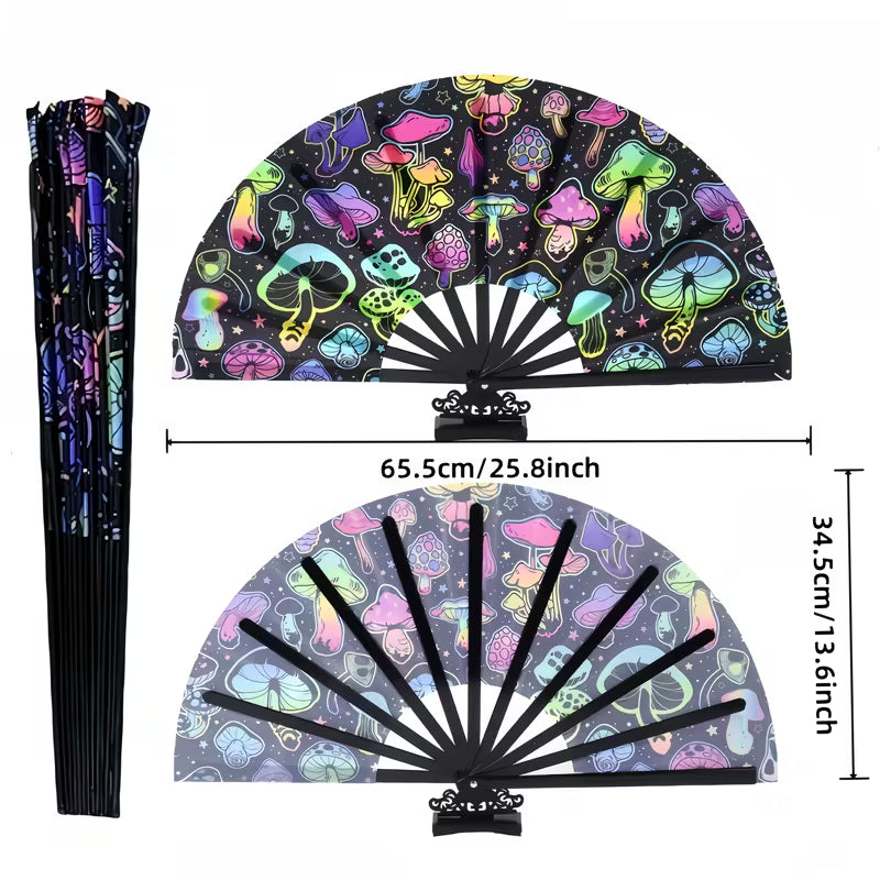 13-inch Bohemia Clacker Folding Fan – Neon Mushroom Design