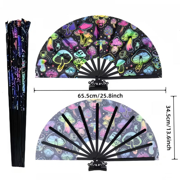 13-inch Bohemia Clacker Folding Fan – Neon Mushroom Design