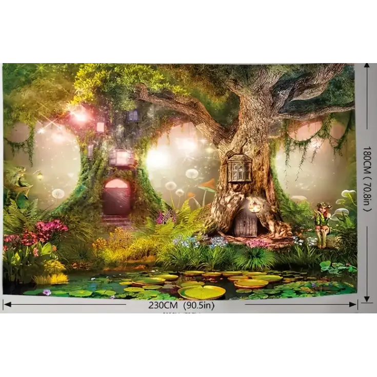 Large 90" x 70" tapestry featuring an enchanted fairy forest with ancient trees and glowing lights, displayed on a white background. Perfect for nature magic, whimsical decor, and enchanted vibes.