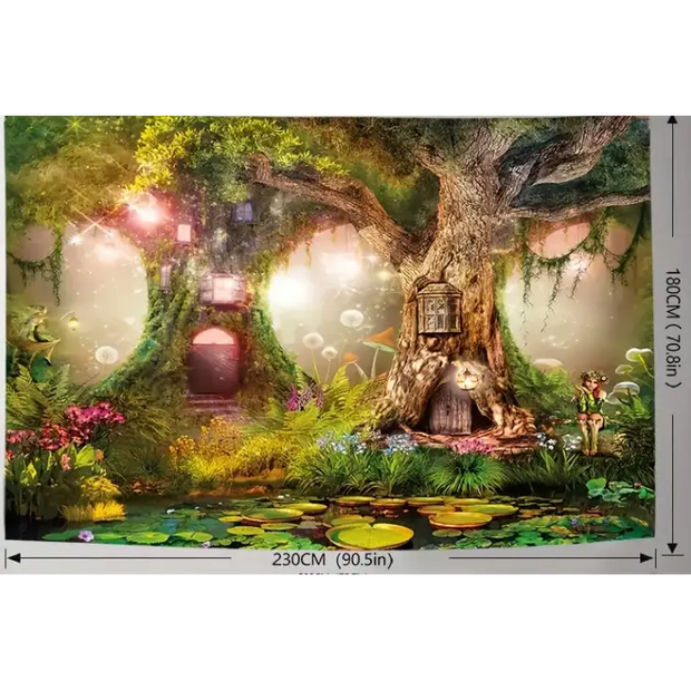 Large 90" x 70" tapestry featuring an enchanted fairy forest with ancient trees and glowing lights, displayed on a white background. Perfect for nature magic, whimsical decor, and enchanted vibes.
