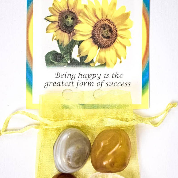 Happiness Crystal Healing Bag (Yellow Onyx, Peach Aventurine, Indian Agate + Clear Quartz)