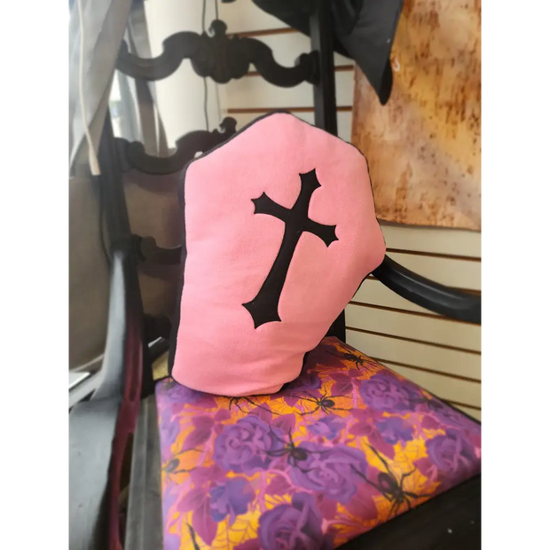 🖤 Fleece Coffin-Shaped Pillow - 19’’ x 13’’ ✨ - Pink & Black w/ Black Cross - Pillows Blankets & Stuffed Creatures
