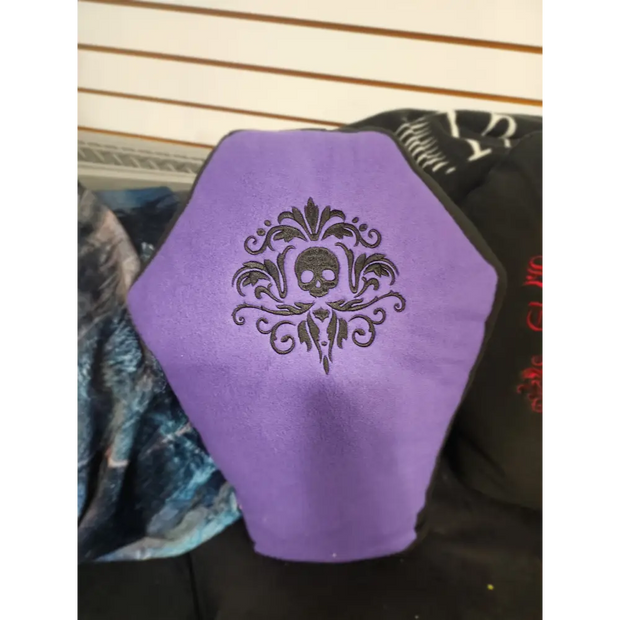 🖤 Fleece Coffin-Shaped Pillow - 19’’ x 13’’ ✨ - Purple & Black w/ Scroll work - Pillows Blankets & Stuffed Creatures
