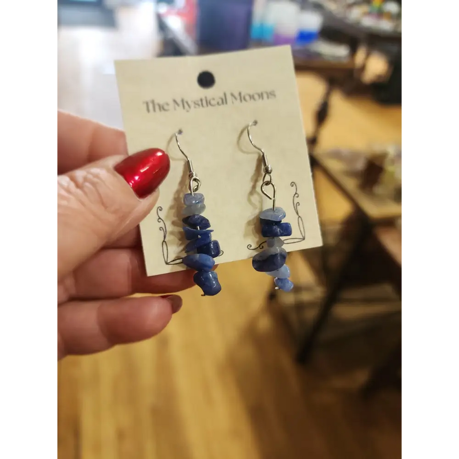 Assorted genuine stone chip earrings in a variety of colors and crystal types, displayed on a white background. Perfect for unique style and everyday crystal energy.