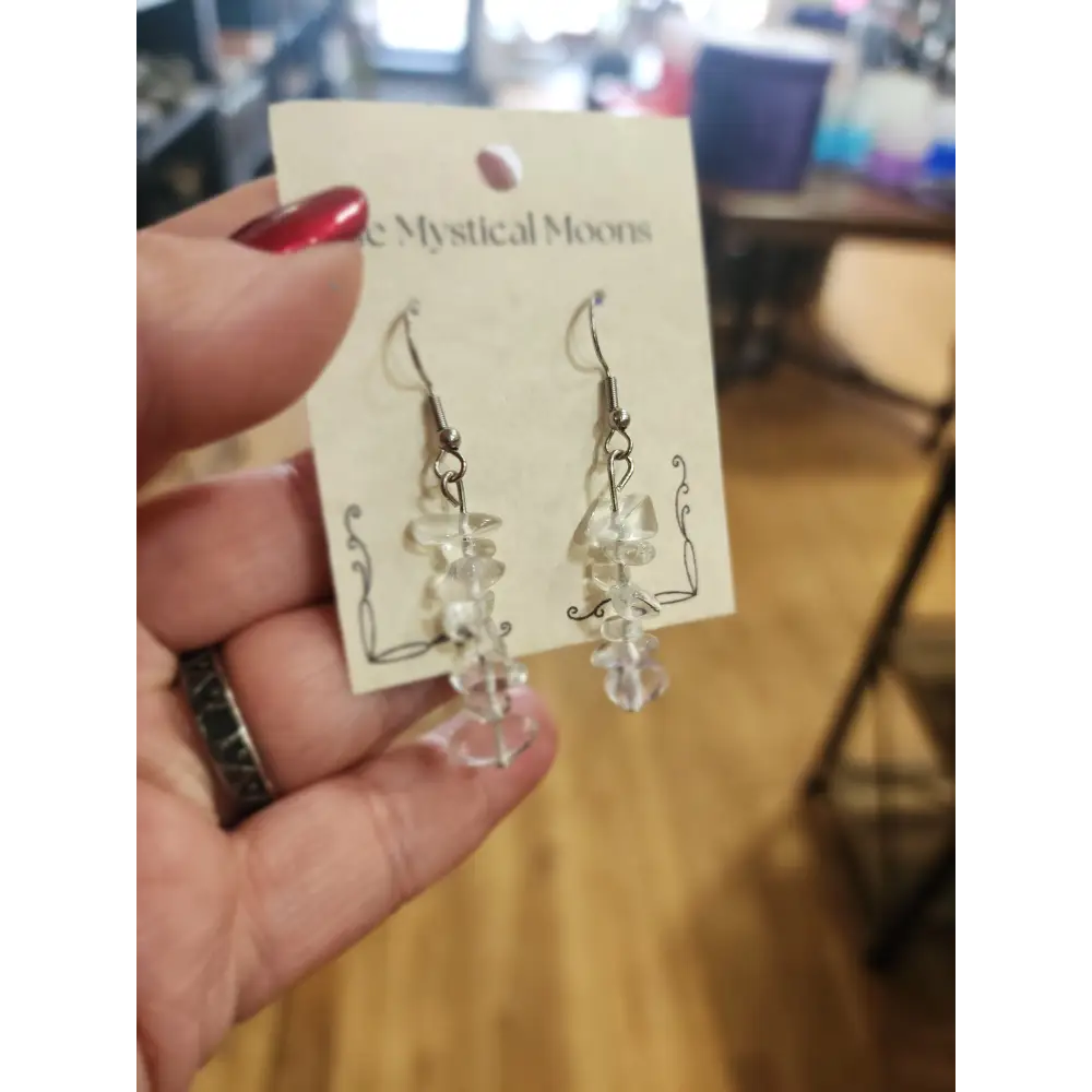 Assorted genuine stone chip earrings in a variety of colors and crystal types, displayed on a white background. Perfect for unique style and everyday crystal energy.