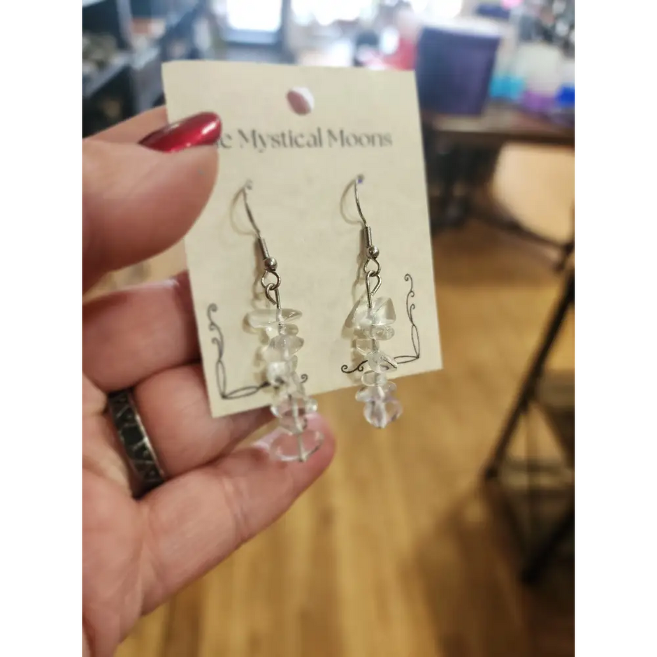 Assorted genuine stone chip earrings in a variety of colors and crystal types, displayed on a white background. Perfect for unique style and everyday crystal energy.