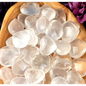 Hand-polished girasol quartz heart with a soft, milky translucence and gentle glow, displayed on a white background. Perfect for gentle clarity, emotional healing, and loving energy.