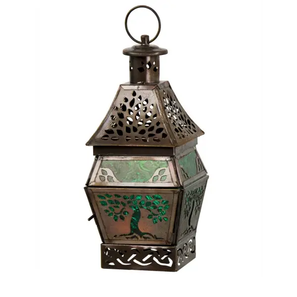 Glass & Metal Lantern Tree of Life Green (With Stand) Home Decor