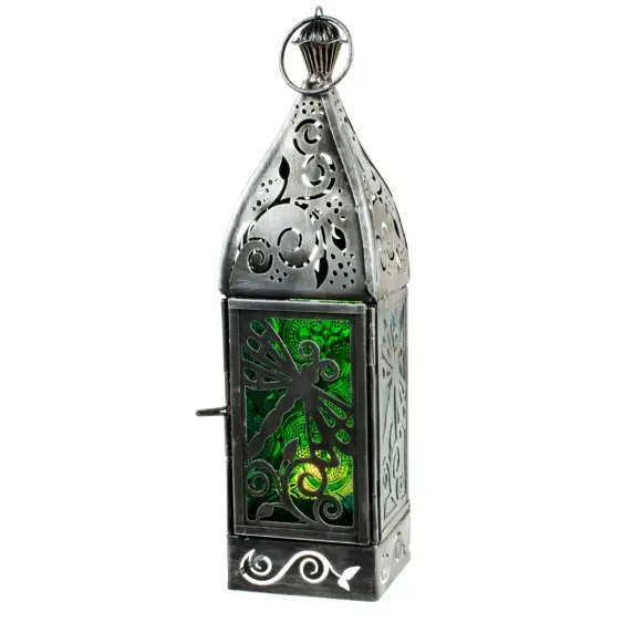 Glass & Metal Lantern Dragonfly Green & Turquoise (With Stand) Home Decor