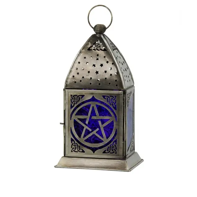 Glass & Metal Lantern Pentacle Cobalt & Purple With Stand - Home Decor