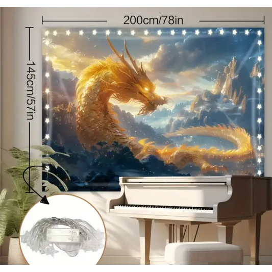 Large 78" x 57" tapestry featuring a majestic golden dragon, displayed on a white background. Perfect for prosperity, power, and mystical decor.