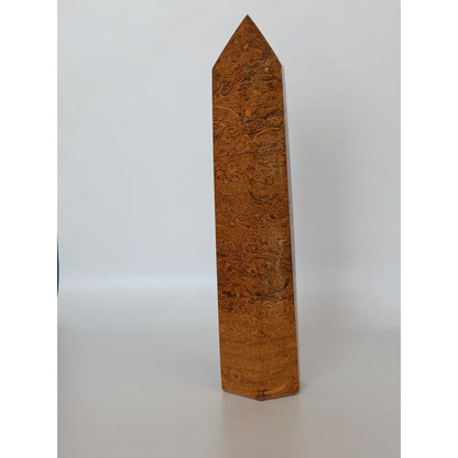 Hand-carved Golden Silk Jade tower featuring shimmering golden threads and a glossy finish, displayed on a white background.