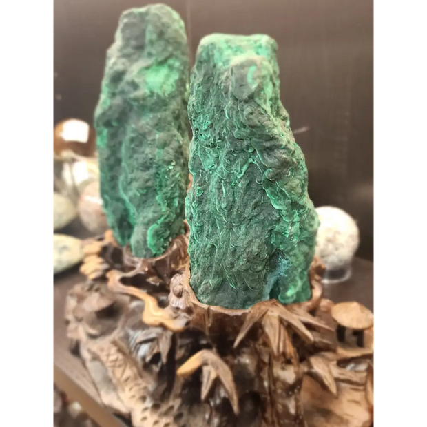 🌴💚 Gorgeous Double Malachite Tower Specimen with Palm Tree Scenery – Nature’s Artistry & Heart Healing! ✨ - Specimens