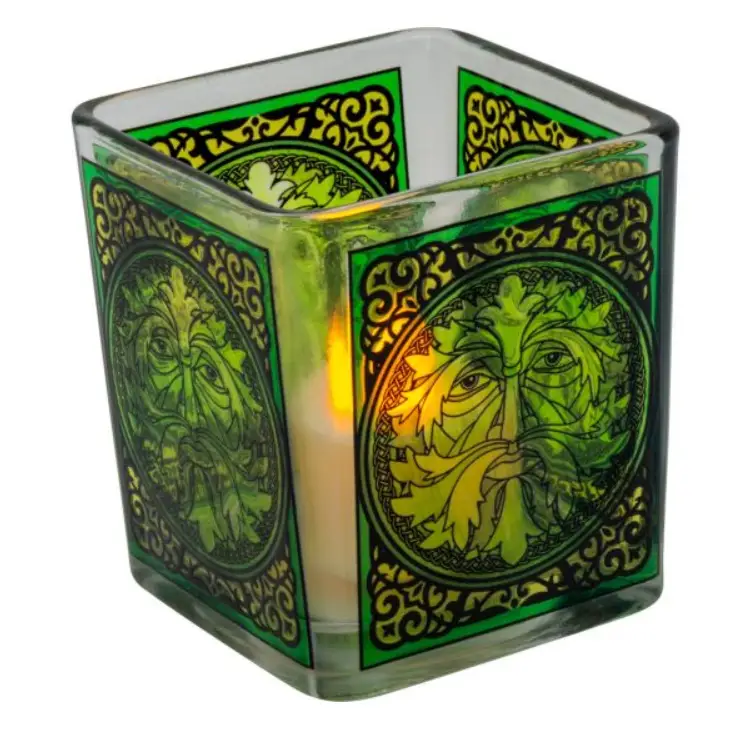 Handcrafted Glass Square Votive Holder - Celtic Green Man - Candles & Accessories