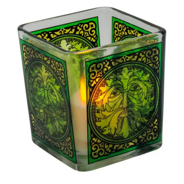 Handcrafted Glass Square Votive Holder - Celtic Green Man - Candles & Accessories