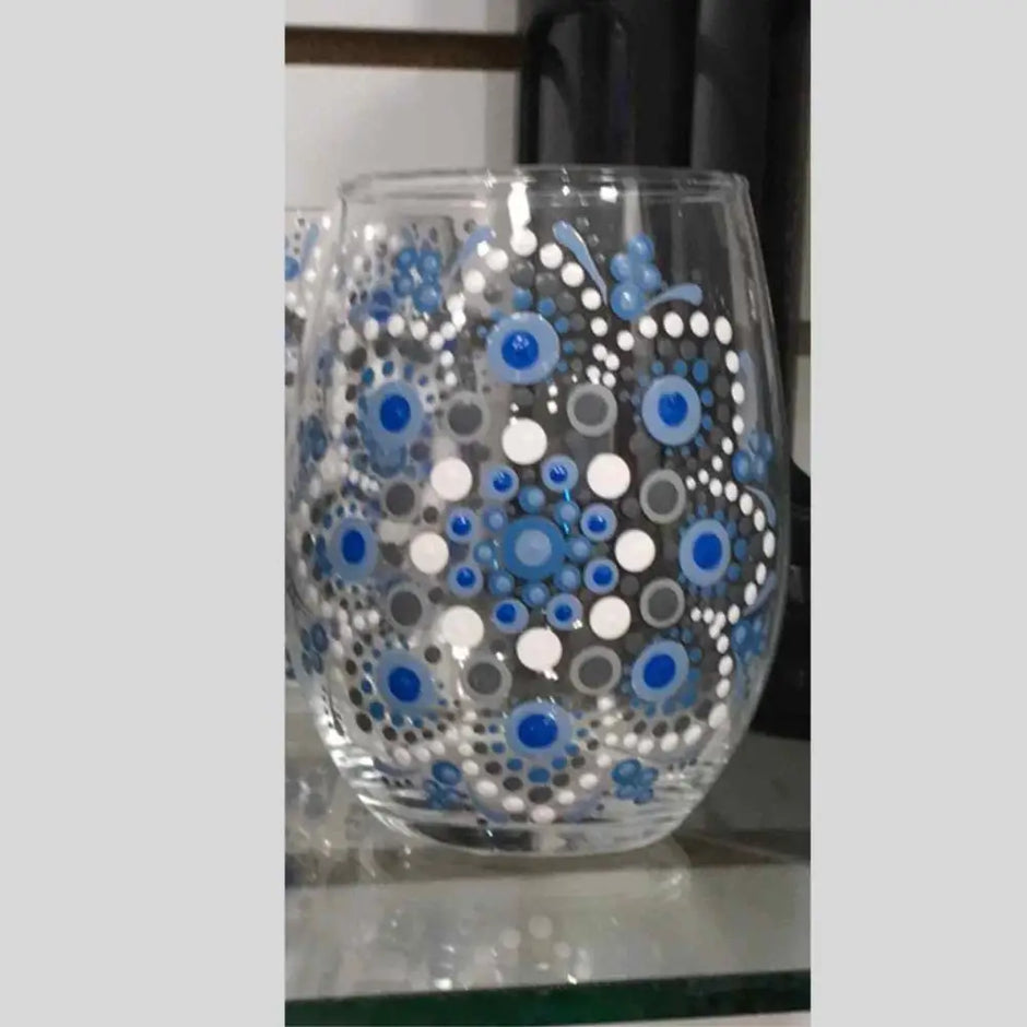 🌟🍷 Handpainted Mandala Wine Glass – Elevate Your Entertaining and Sip in Style 🎨 - Stemless (set of two) blue and white